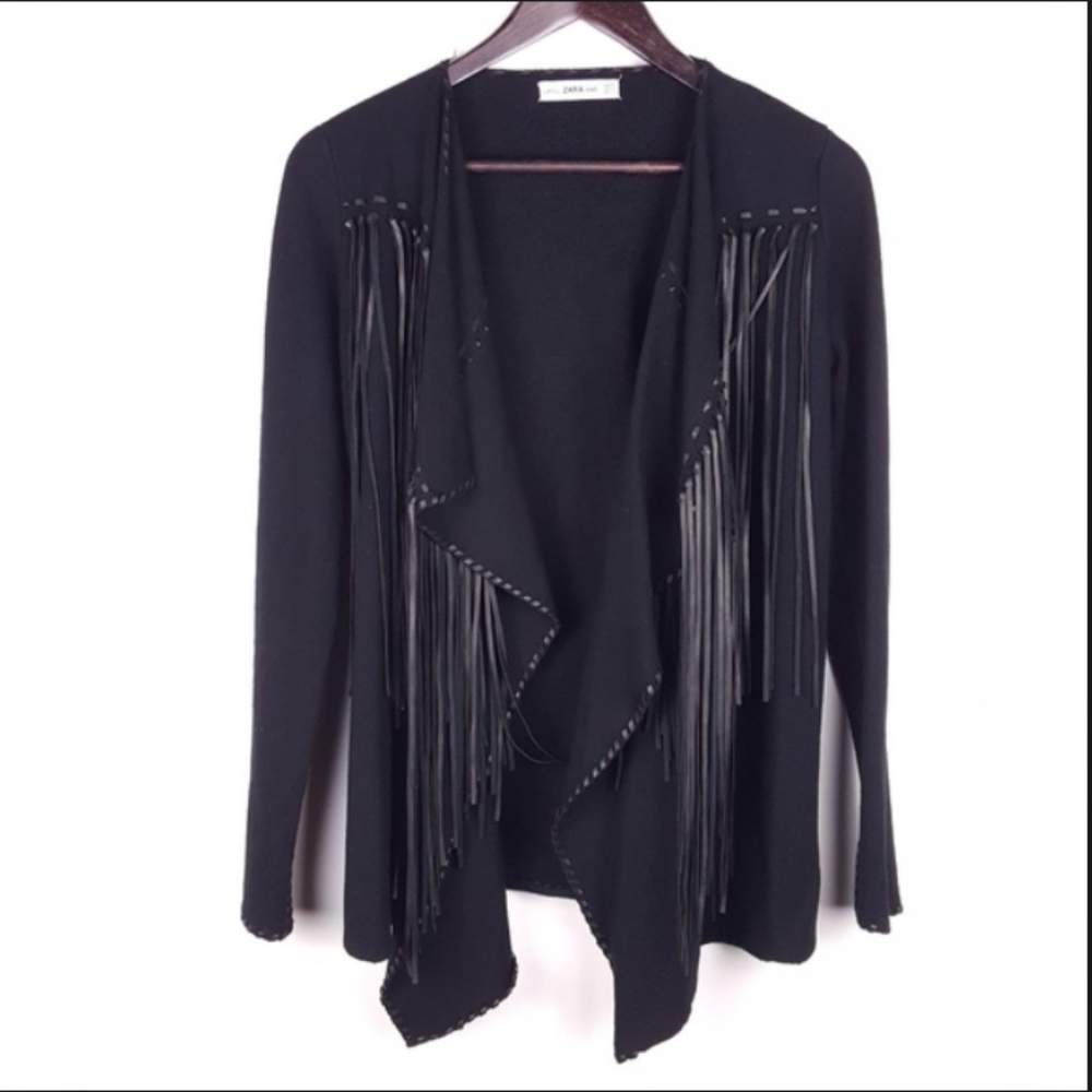 Zara Black Leather Fringe Open Knit Cardigan